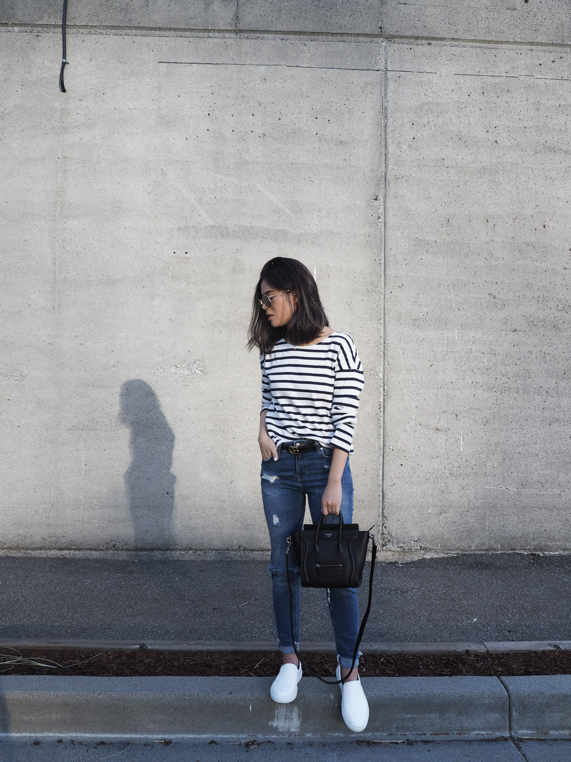 Baukjen reviews, stripe outfit, stripe ootd, Gucci belt outfit, Celine nano outfit, Celine nano blogger, baukjen blogger